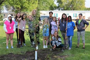 group of students who just planted an apple tree.
